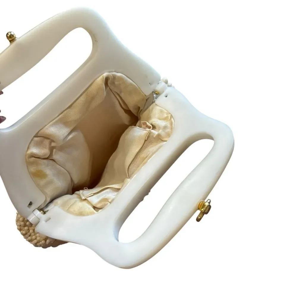 Vintage 1960s Elegant Beaded Cream Clutch with Gold Clasp